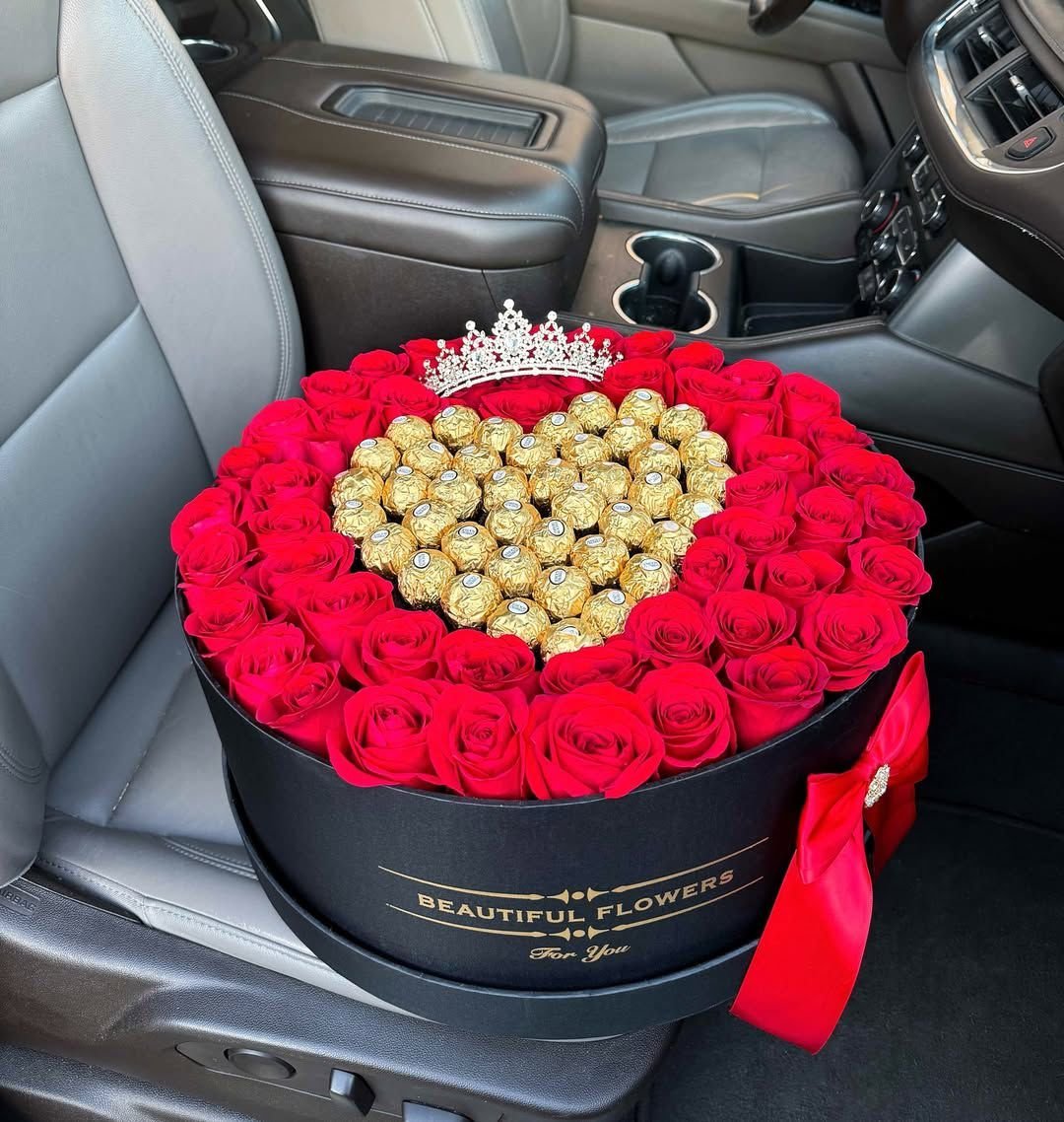 Red Roses with Heart-shaped Ferrero Rocher & Silver Crown in Black Box