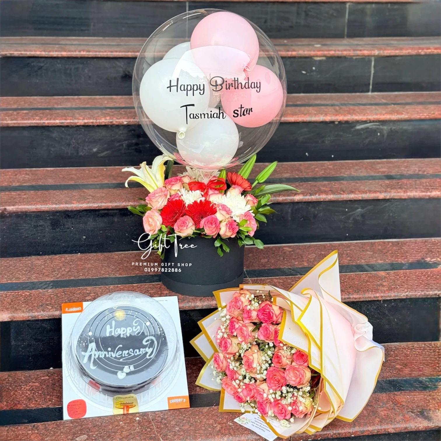 Rose Flower Box with Balloon Bouquet, Pink Rose Bouquet & Coopers Cake – Premium Celebration Gift in Dhaka