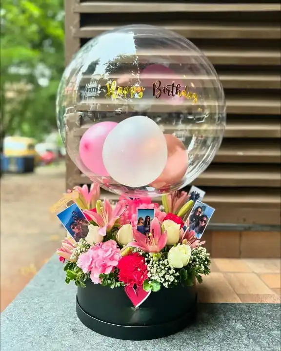 Personalized Balloon with Fresh Flowers & Custom Photo