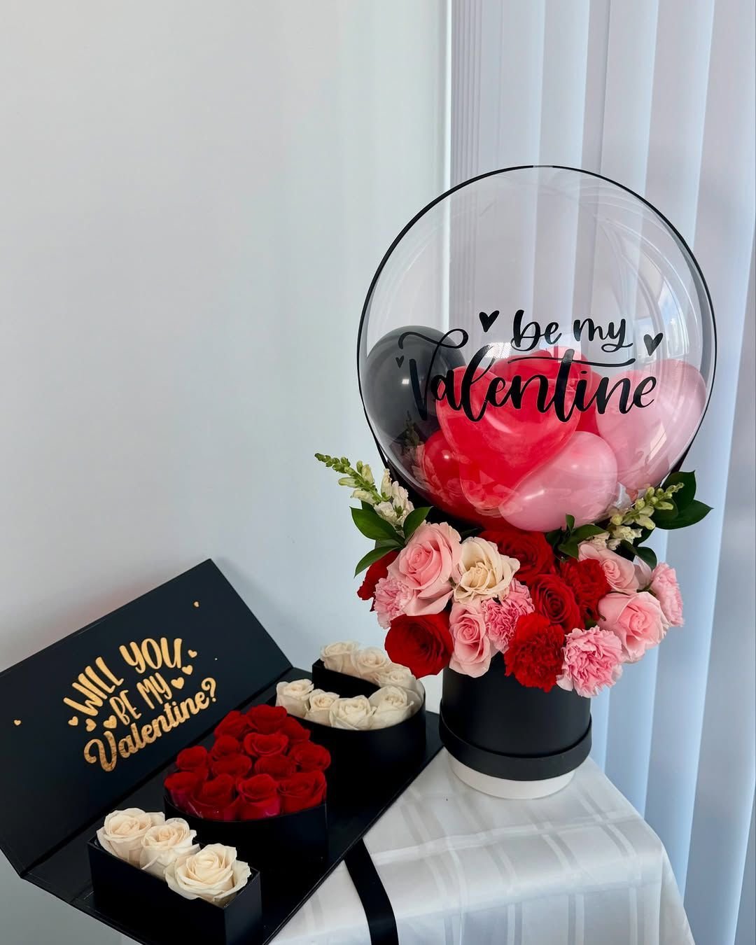 Valentine’s Flower Box with Balloon & Heart-shaped Rose Box