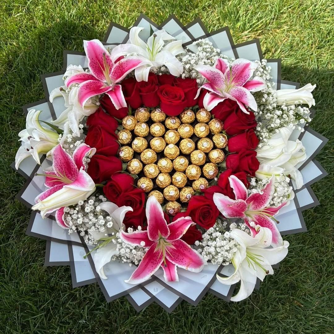 Mixed Flower Bouquet with Red Roses, Lilies & Ferrero Rocher