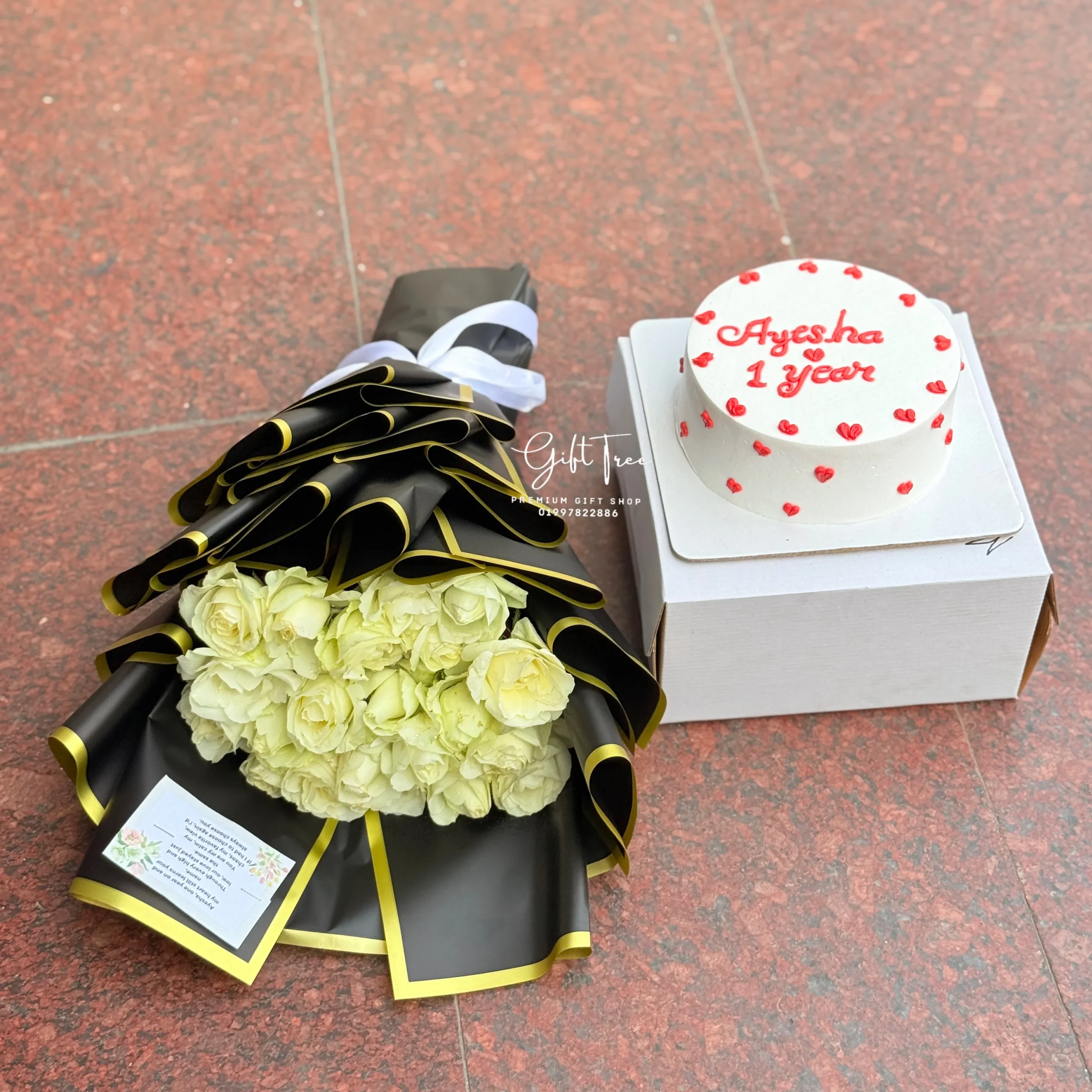 Natural White Rose Bouquet with Cake – Elegant Gift for Birthday & Anniversary in Dhaka